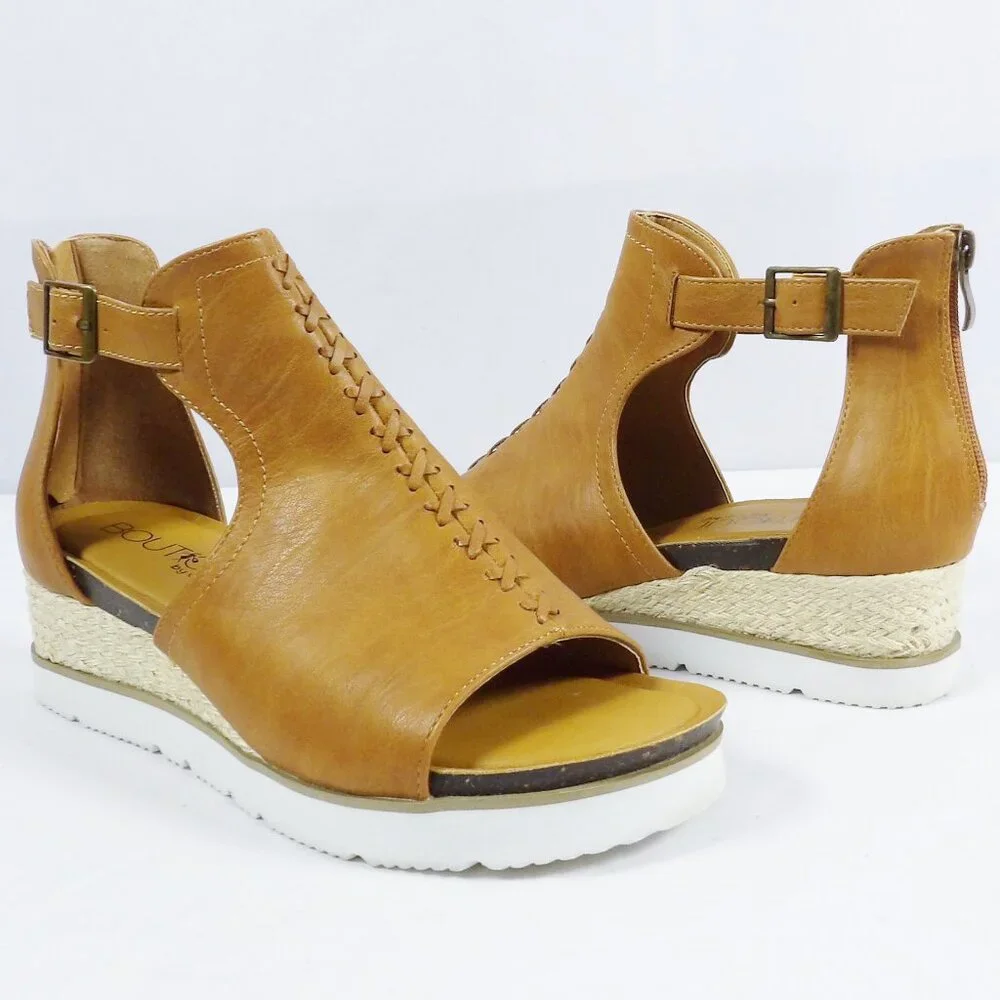 Corkys SUGAR CITY Espadrille Low Wedge Sandals Cognac Brown NIB Open Toe